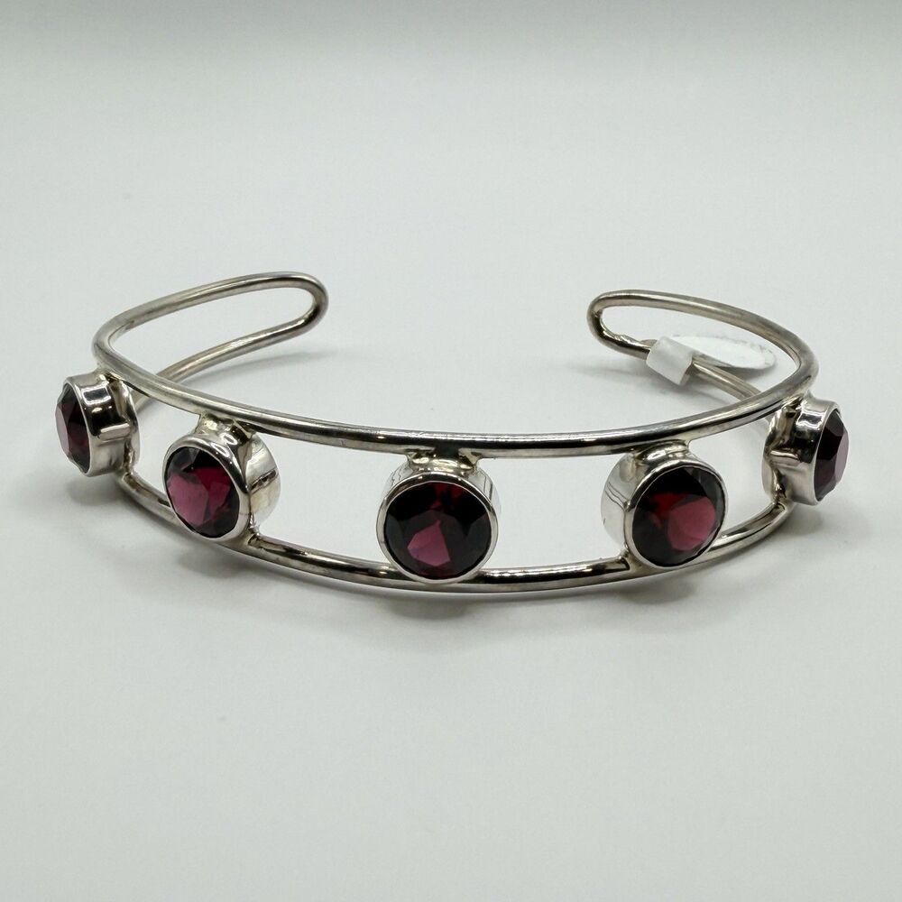 925 Sterling Silver Garnet Teardrop Bangle Bracelet 7" 11.1g Red Gemstone